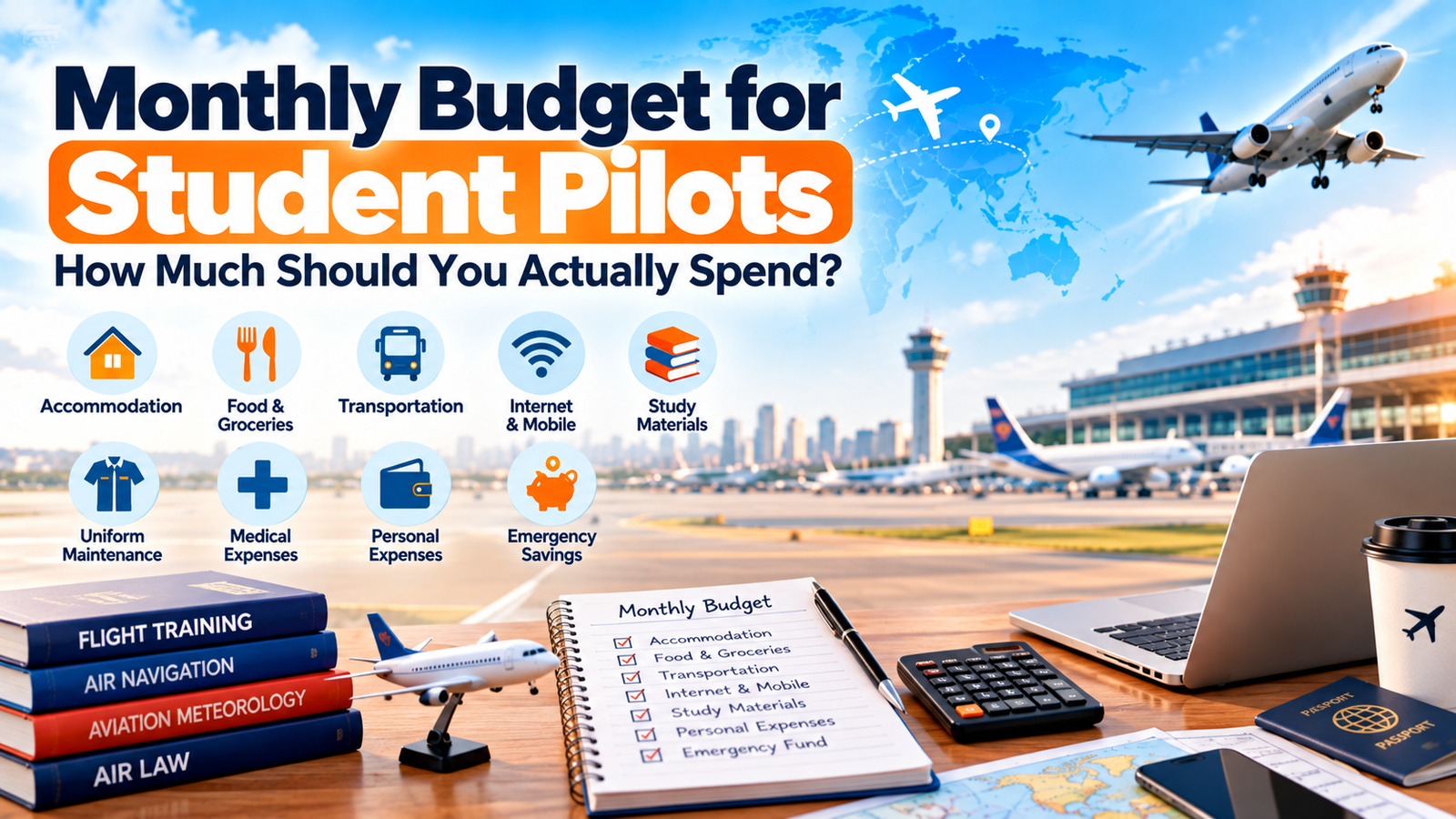 Monthly budget for student pilots covering living expenses and emergency savings