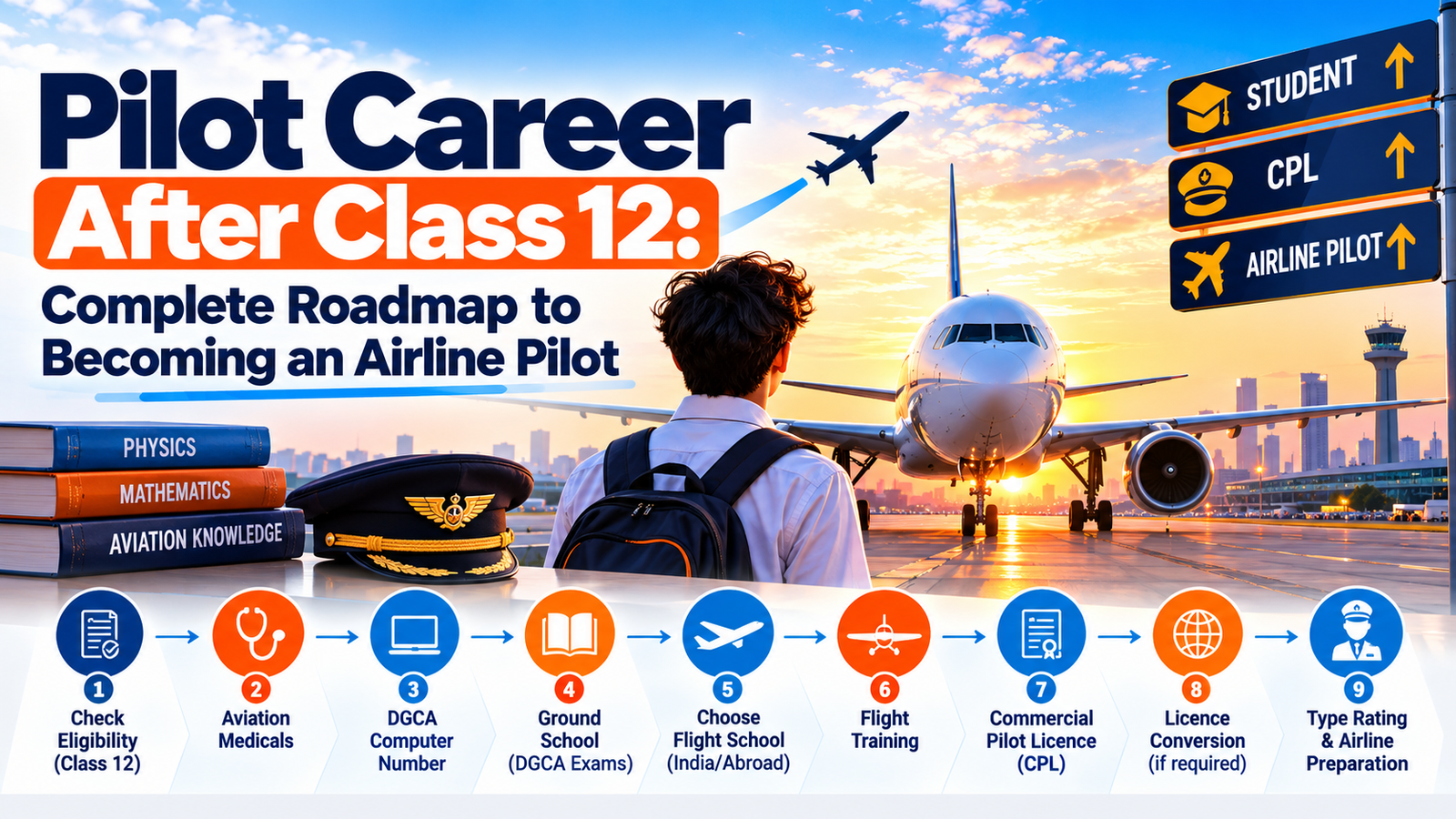 Pilot career after Class 12 roadmap showing DGCA exams, flight training, CPL and airline preparation